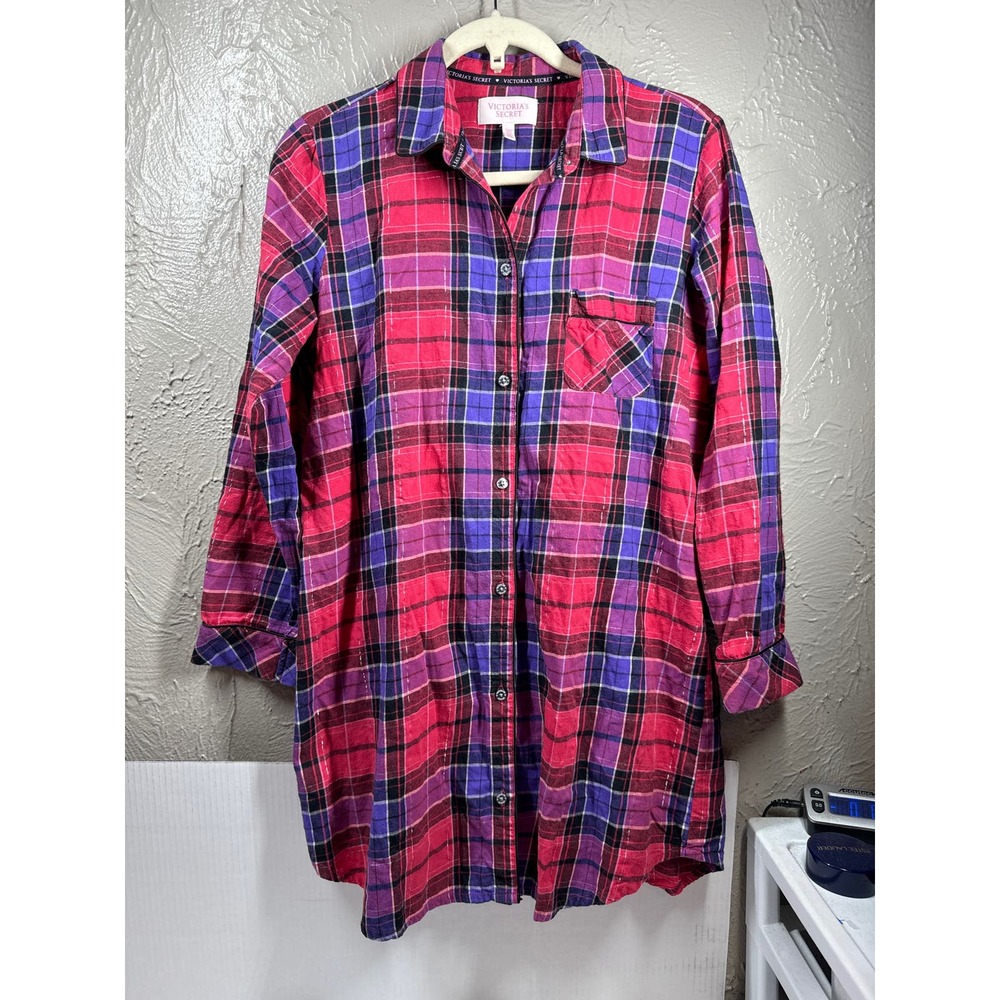 Victoria's Secret Red Plaid Long Sleeve Button-Up Night Shirt Womens Size Medium